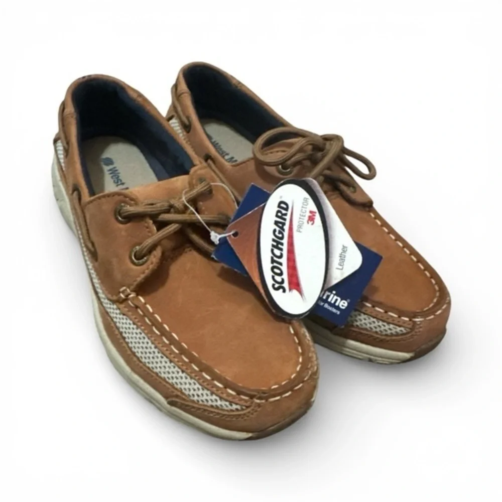 West Marine Brown Leather Boat Shoes Boating Coastal Slip On Shoe Yacht Club NWT - Picture 1 of 5